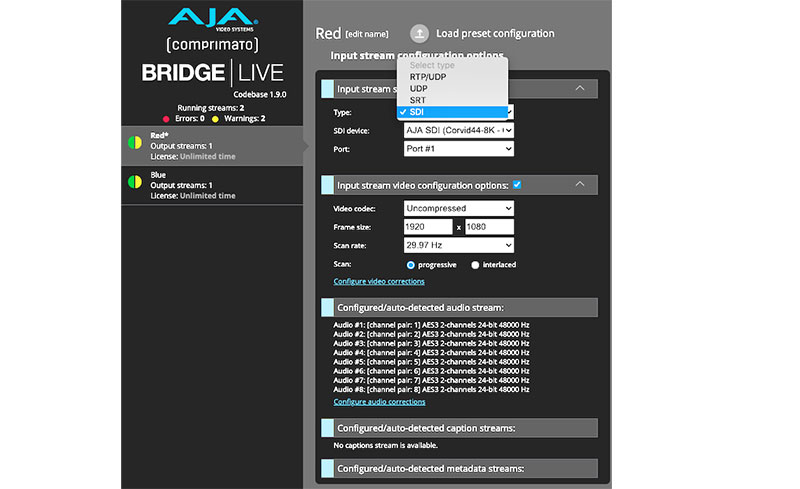 AJA BRIDGE LIVE INPUT STREAM CONFIG SDI